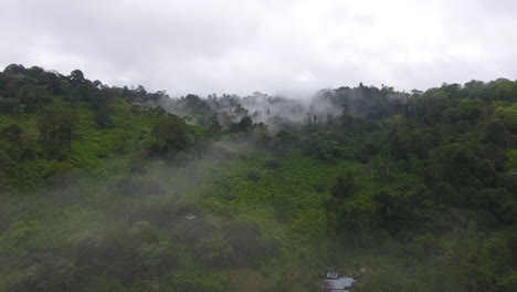 Misty-morning-aerial-flight-over-a-primary-tropical-rainforest.-Village-Saül